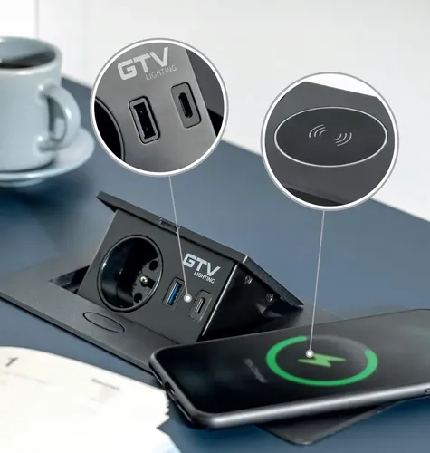 Przedłużacz biurkowy wpuszczany 1 gniazdo + ładowarka indukcyjna + 2 x USB, Srebrny na Arena.pl