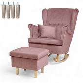 Różowy Fotel Bujany + Podnóżek ze schowkiem + Nogi + Poduszka