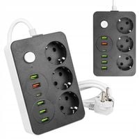 Przedłużacz listwa 2m zasilająca 6x USB UZIEMIENIE 3 GNIAZDA CZARNY 3x1MM