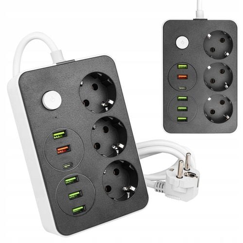 Przedłużacz listwa 2m zasilająca 6x USB UZIEMIENIE 3 GNIAZDA CZARNY 3x1MM na Arena.pl