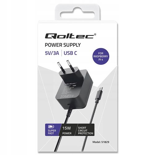 Qoltec Ładowarka Super FAST PD do Raspberry PI 4 USB-C 15W 5V 3A Czarna na Arena.pl