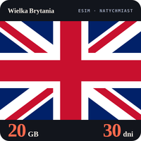 Karta eSIM Internet Wielka Brytania 20 GB na 30 dni - bez rejestracji