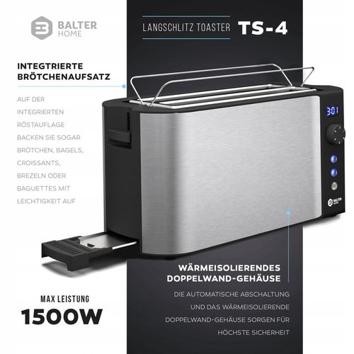 TOSTER OPIEKACZ BALTER 4 TOSTY 1500 W ROZMRAŻANIE SREBNY INOX na Arena.pl