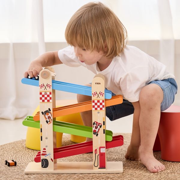 VIGA Drewniana Podwójna Zjeżdżalnia Dla Samochodzików Tor Wyścigowy zdjęcie 12