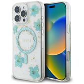 Etui Guess Resin Flowers Glitter MagSafe do iPhone 16 Pro turkusowy