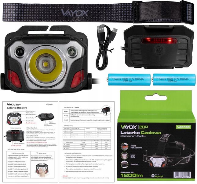 ZESTAW LATARKA CZOŁOWA + AKUMULATORY + OPASKA CZOŁÓWKA LED USB C POWER zdjęcie 6