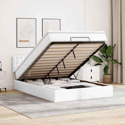 Łóżko otomana z materacami i LED, biała, 140x200cm, ekoskóra na Arena.pl