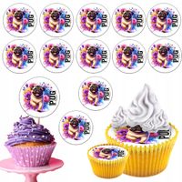 OPŁATEK na BABECZKI MUFFINKI zestaw na urodziny 12szt- PIES RASA MOPS PUG