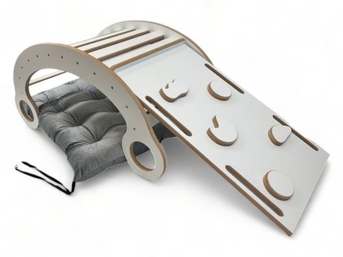 Drewniany Bujak Montessori dziecka +Poduszka Szara +Ścianka +Zjeżdżalnia CE na Arena.pl