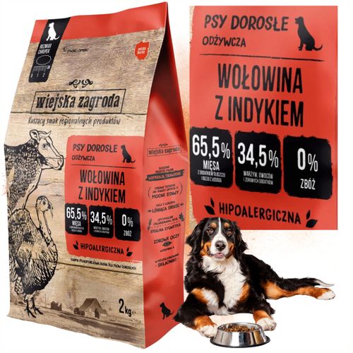 sucha karma dla psa wiejska zagroda wołowina indyk hipoalergiczna l 2kg na Arena.pl