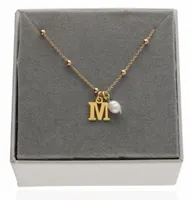 Złoty naszyjnik z literką M lub inna perła natura KAMIEŃ NATURALNY