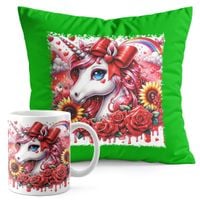 ZESTAW KUBEK + PODUSZKA ZIELONA - JEDNOROŻEC UNICORN KOŃ