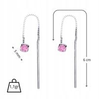 KOLCZYKI SREBRNE Przeciągane Wiszące Cyrkonia Różowa SREBRO PR 925