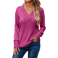 Damski Sweter Dzianinowy V-Neck Długi Rękaw Miękki Elegancki Różowy  M