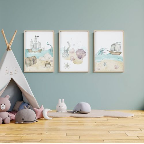 ZESTAW 3 szt. Plakaty Obrazki do Pokoju Dziecięcego MORZE MUSZELKI A3 na Arena.pl