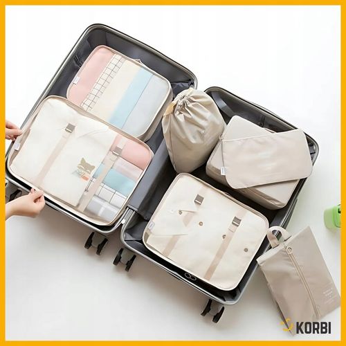 ZESTAW ORGANIZERÓW ORGANIZER PODRÓŻNY WALIZKI SZAFY UBRAŃ KOMPLET 8szt BEŻ na Arena.pl