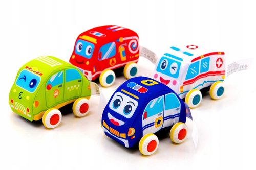 PLUSZOWE MIĘKKIE AUTKA SAMOCHODZIKI Z NAPĘDEM ZESTAW 4 SZTUK na Arena.pl