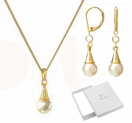ZŁOTY KOMPLET BIŻUTERII Z PEREŁĄ KOLCZYKI WISZĄCE PERŁY NASZYJNIK ZAWIESZKA zdjęcie 1