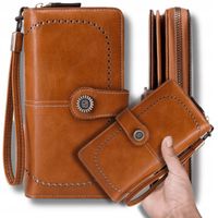 Portfel damski skórzany duży lakierowany brązowy RFID elegancki skóra pasek