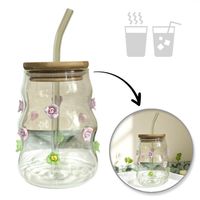 szklanka z falowanymi ściankami i kwiatkami 450 ml ze słomką i pokrywką