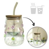 szklanka z falowanymi ściankami i kwiatkami 450 ml ze słomką i pokrywką