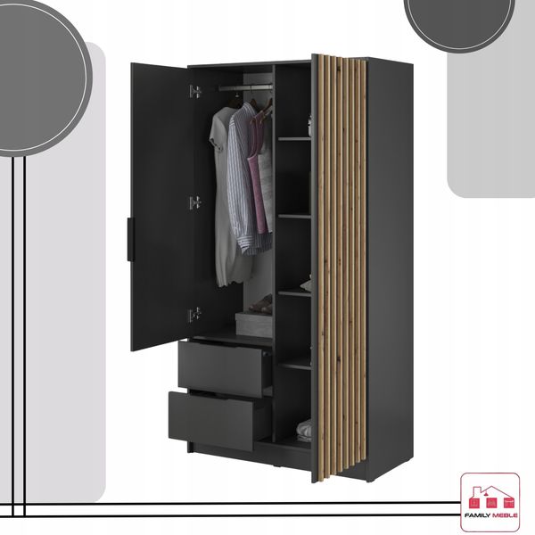 SZAFA GARDEROBA SOREN 2D GRAFIT 200CM OTWIERANA DUŻA PÓŁKI DRĄŻEK LUSTRO zdjęcie 4