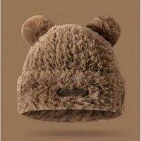 czapka zimowa pluszowa z uszami misia, z naszywką, brązowa cz32wz1