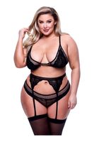 3pc lace & mesh bra, garter & panty set black, queen