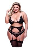 3pc lace & mesh bra, garter & panty set black, queen