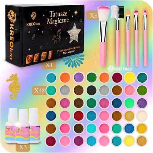 TATUAŻE BROKATOWE DUŻO SZABLONÓW + 48 KOLORÓW ZESTAW PREZENT DLA na Arena.pl
