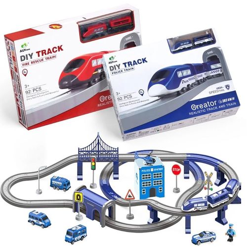 KOLEJKA ELEKTRYCZNA TORY POJAZDY MOSTY DOMKI POCIĄG WAGONY 92 elementów na Arena.pl