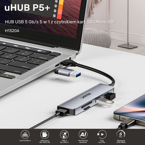 Unitek Hub 5w1 USB-A/C 5Gbps z czytnikiem kart SD i micro na Arena.pl