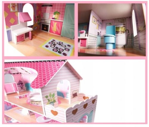 DUŻY DREWNIANY DOMEK DLA LALEK XXL ŚWIATŁA LED zestaw MEBLE OŚWIETLENIE MDF na Arena.pl