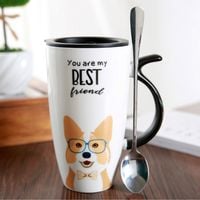 Kubek Z Pokrywką - Ceramiczny - Piesek - Idealny Do Biura - Na Prezent Biały Niebieskie okulary