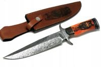 Nóż myśliwski BOWIE ręcznie wykonany stal DAMASCEŃSKA kość wielbłąda WILK