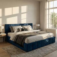 ŁÓŻKO TAPICEROWANE 140x200 ŁÓŻKO PODWÓJNE PREMIUM Z POJEMNIKIEM GRANATOWE