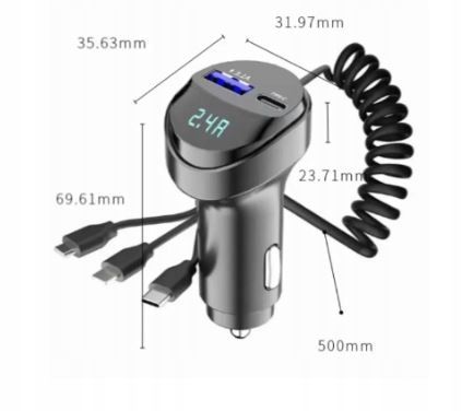 ŁADOWARKA SAMOCHODOWA 2x USB + KABEL 3W1 USB-C MICRO USB APPLE LIGHTNING zdjęcie 7