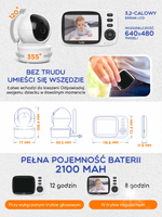 Elektroniczna Niania z Kamerą 3.2” Monitor,na Żywo,4x Zoom, Noc, Obrót 355°