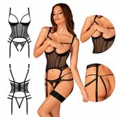 Czarny gorset otwarty komplet bielizny z dziurką Obsessive Lanelia sex shop