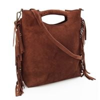 VERA PELLE torebka zamszowa listonoszka boho z frędzlami V406 brązowa