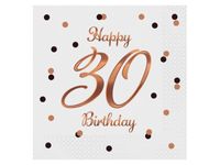 Serwetki, B&C Happy 30 Birthday białe, nadruk różowo-złoty, 33cmx33cm20 szt