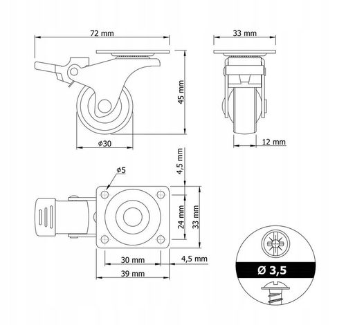 Kółko meblowe obrotowe, czarne, hamulec - zestaw na Arena.pl