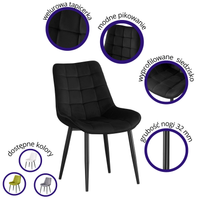 MALMO KRZESŁO TAPICEROWANE CZARNY WELUR PIKOWANE