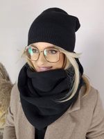 CIEPŁY zimowy KOMPLET damski CZAPKA + KOMIN + RĘKAWICZKI DOTYKOWE, CZARNY