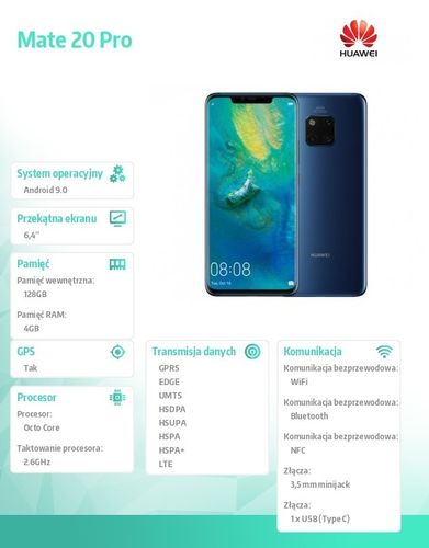 Huawei Smartfon Mate 20 Pro DUAL SIM Niebieski na Arena.pl