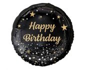 Balon foliowy okrągły Happy Birthday czarno-złoty, 45 cm