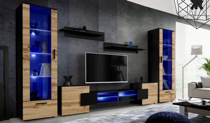 Pan Igiełka Meblościanka Blue LED  Czarny Biały Dąb Wotan 5 Elementów Salon zdjęcie 1