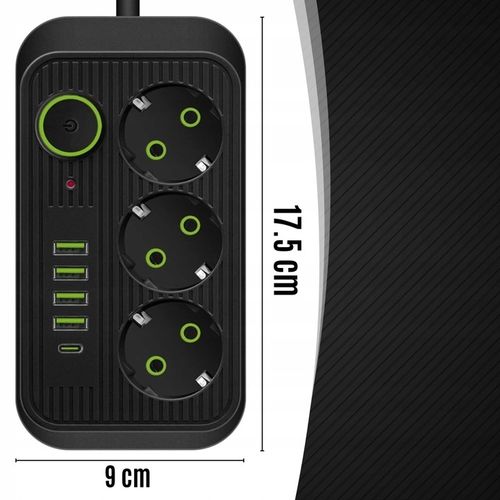 PRZEDŁUŻACZ LISTWA ZASILAJĄCA 1.8M 3 GNIAZDA 230V + 5X USB USB-C ŁADOWARKA na Arena.pl