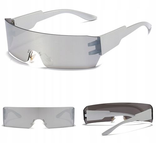 Futurystyczne OKULARY PRZECIWSŁONECZNE SREBRNE Imprezowe UV400 + Etui na Arena.pl