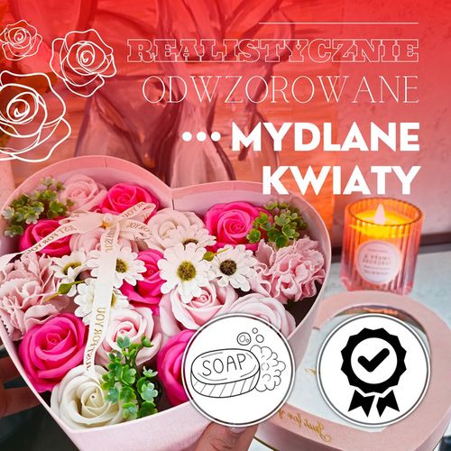 Mydlane róże 24 szt. flower box zestaw kwiatów w pudełku serce różowe na Arena.pl